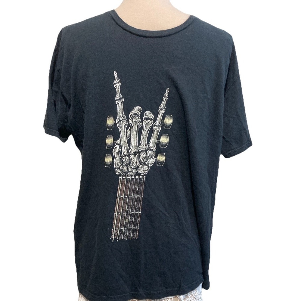 Skeleton Hand Guitar Headstock Rock Band Graphic T Shirt Black Mens XL